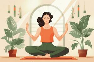 ung kvinna håller på med yoga på Hem illustration. generera ai foto