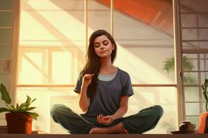 ung kvinna håller på med yoga på Hem. generera ai foto