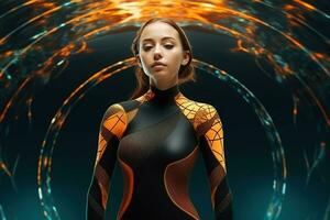 trogen vetenskap fiktion flicka med trogen kostym på cyborg bakgrund ai genererad foto