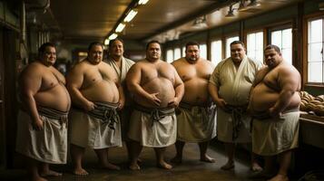 grupp av japansk sumo brottare Träning. foto