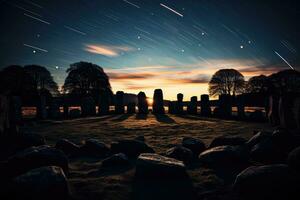 mystisk sten cirklar lysande under ett kusligt stjärna fylld himmel på skymning foto
