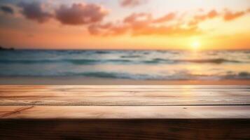 närbild av en ljus brun trä- tabell med en solnedgång på de strand suddigt bakgrund, idealisk för produkt placering i en strandnära marknadsföring begrepp, ai generativ foto