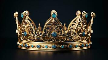 detaljerad kung krona tillverkad av guld isolerat på de enkel bakgrund, dekorerad med dyrbar juveler foto
