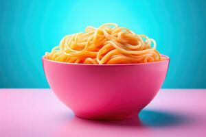 ljus Färg ändring spaghetti i skål isolerat på en rosa lutning bakgrund foto