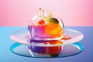 molekyl gastronomi maträtt konstnärligt pläterad isolerat på en vibrerande lutning bakgrund foto