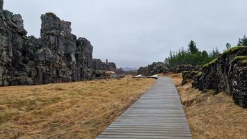 klippig berg räckvidd i arktisk landskap, thingvellir nationell parkera med spektakulär landskap och massiv klippor i island. sten formationer skapande kullar i isländsk dal med gångväg. foto