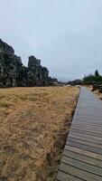 gångväg i isländsk nationell parkera, frysta fält i dal med klippig klippor kanter bildas förbi fast sten. scandinavian thingvellir sten bildning i Island, fantastisk naturlig miljö. foto