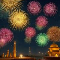 färgrik fyrverkeri och ljus på mörk himmel bakgrund för Lycklig diwali festival förbi ai genererad foto