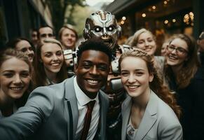 ai generativ man i en kostym och slips är tar en selfie med en robot foto