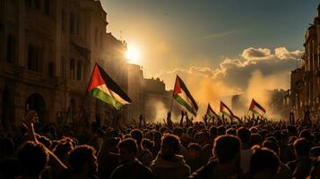 samling demonstranter på de fri palestina. Israel palestina konflikt. flagga pro-palestina demonstranter. foto