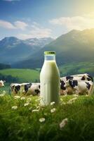 flaska av mjölk mot grön äng med betning kor. generativ ai foto