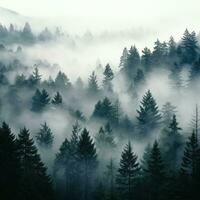 en topp se av en skog med en vit dimma rullande över de trädtopparna. foto