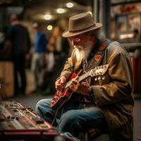 musiker spelar gitarr på de gata bland en folkmassan av människor foto