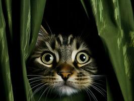 förtjusande kattunge kikar ut från Bakom en ridå ai generativ foto