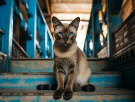 majestätisk katt med slående blå ögon Sammanträde kungligt på en trappa ai generativ foto