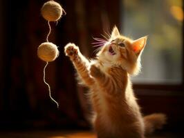 busig kattunge lekfullt swatting på en dinglande leksak ai generativ foto