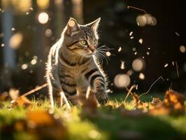 lekfull katt vadd på faller höst löv i en solbelyst trädgård ai generativ foto