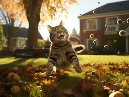 lekfull katt vadd på faller höst löv i en solbelyst trädgård ai generativ foto