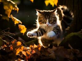 lekfull katt vadd på faller höst löv i en solbelyst trädgård ai generativ foto