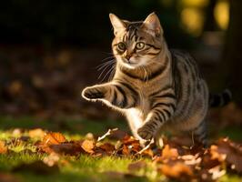 lekfull katt vadd på faller höst löv i en solbelyst trädgård ai generativ foto