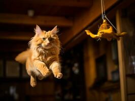 lekfull kattdjur hoppa genom de luft i jakt av en fjäder leksak ai generativ foto