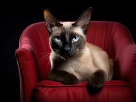 kunglig siamese katt poserade på en lyxig stol ai generativ foto