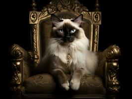 kunglig siamese katt poserade på en lyxig sammet stol ai generativ foto