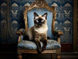 kunglig siamese katt poserade på en lyxig sammet stol ai generativ foto