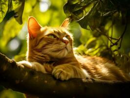 lugn katt vilar på en träd gren omgiven förbi frodig lövverk ai generativ foto