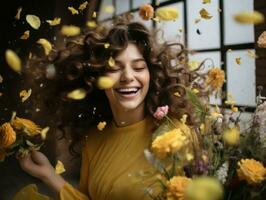 Lycklig kvinna fira en skön liv ai generativ foto