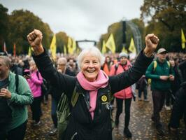 Lycklig kvinna fira en skön liv ai generativ foto