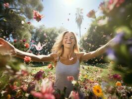 Lycklig kvinna fira en skön liv ai generativ foto