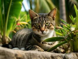 katt med en lugn och meditativ se inramade förbi en lugn trädgård bakgrund ai generativ foto