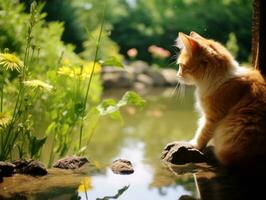 katt med en lugn och meditativ se inramade förbi en lugn trädgård bakgrund ai generativ foto