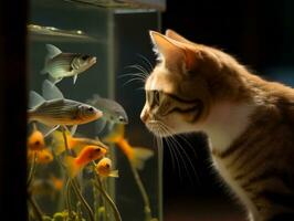 frågvis katt peering in i ett öppen fisk tank med fascination ai generativ foto