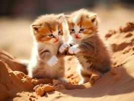 par av lekfull kattungar engagerad i en vänlig brottning match ai generativ foto