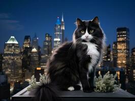 elegant katt uppflugen på en taket mot de stad horisont ai generativ foto