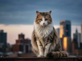 elegant katt uppflugen på en taket mot de stad horisont ai generativ foto