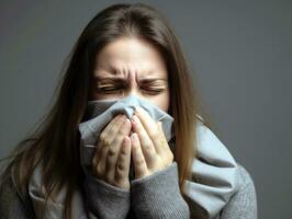 kvinna är visad lidande från kall med rinnande näsa på grå bakgrund ai generativ foto