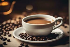 en kopp av kaffe på en fat omgiven förbi kaffe bönor ai generativ. foto