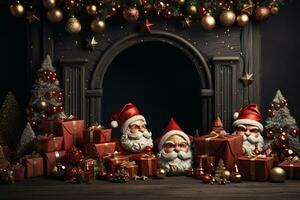 ai generativ jul baner med kopia Plats för text, santa claus fira med presentförpackningar, gran träd grenar och röd ornament, mörk Färg bakgrund foto
