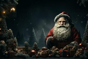 ai generativ jul baner med kopia Plats för text, santa claus fira med presentförpackningar, gran träd grenar och röd ornament, mörk Färg bakgrund foto