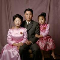 norr koreanska familj i studio far, fru, och dotter ser på kamera - ai genererad foto