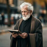 stående munk läsning bibel utomhus - ai genererad foto