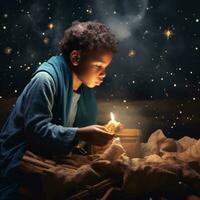 pojke belysning ljus nativity - ai genererad foto