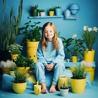 ung flicka med ner syndrom i grönfylld rum - ai genererad foto