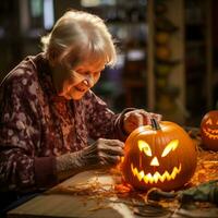 leende kvinna dekorera halloween pumpa med ristade pumpa på Hem - ai genererad foto