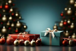 ai generativ bakgrund av jul träd och röd gåva låda på en jul tömma bakgrund med kopia Plats foto