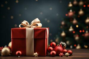 ai generativ bakgrund av jul träd och röd gåva låda på en jul tömma bakgrund med kopia Plats foto