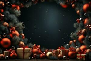 ai generativ jul baner med kopia Plats för text, santa claus fira med presentförpackningar, gran träd grenar och röd ornament, mörk Färg bakgrund foto